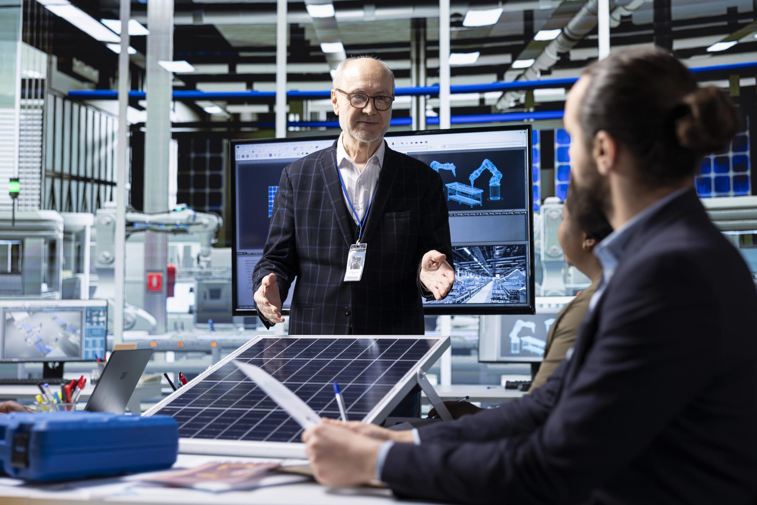 photovoltaics factory senior manager taking feedback from engineers min scaled