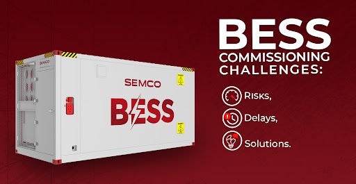 BESS Commissioning Challenges: Risks, Delays, and Solutions 2 White BESS energy storage unit on a red background with text: 'BESS Commissioning Challenges: Risks, Delays, Solutions' and bullet icons on the right.