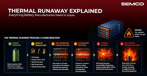 Thermal Runaway Explained: Everything Battery Manufacturers Need to Know 1 - SEMCO INFRATECH Thermal Runaway in Lithium-Ion Batteries